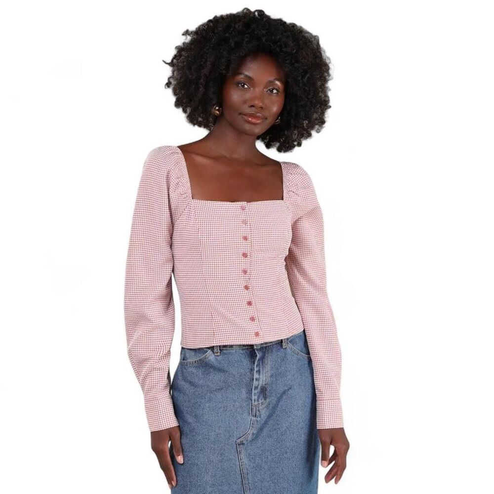 Lulus Women's Terracotta Gingham Button-Front Long Sleeve Top - Size Large